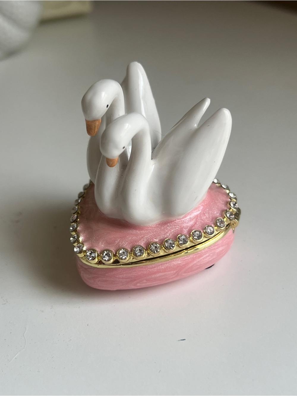 Porcelain Swan Trinket Box in Pink with Rhinestones